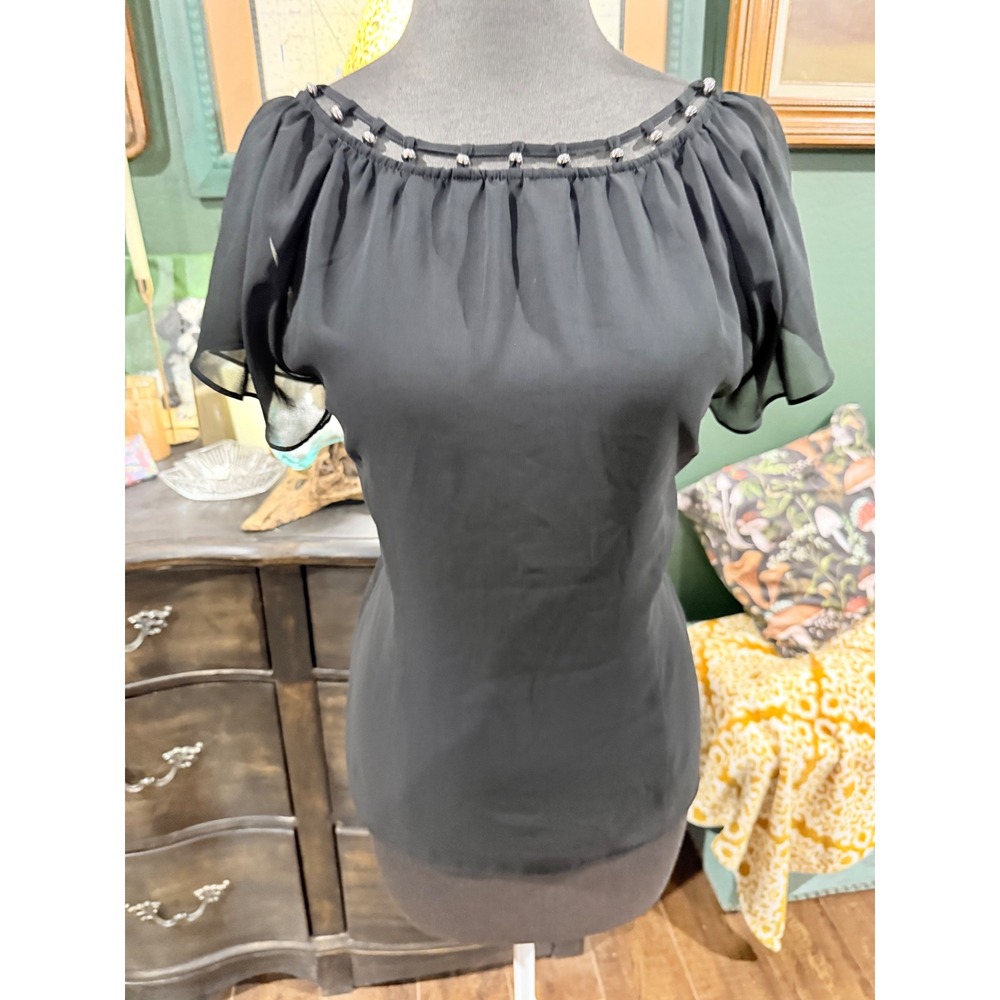White House‎ Black Market Black Studded Ladder Neck Flutter Sleeve Blouse Small